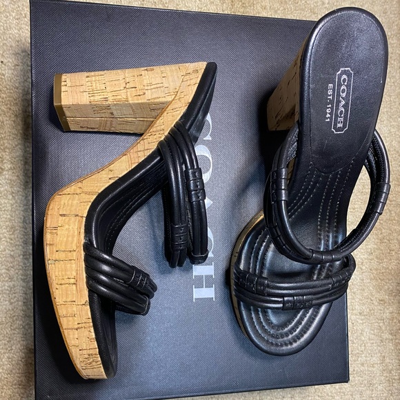Coach Black Leather and Cork Slip On Sandals - Picture 2 of 7